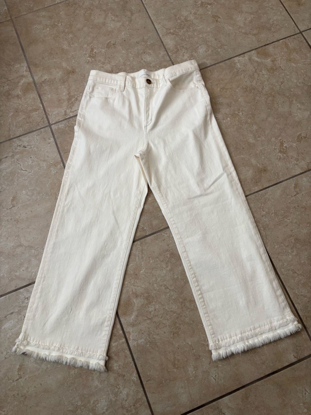 LOFT Cream Cropped Wide-Leg Jeans with Frayed Hem